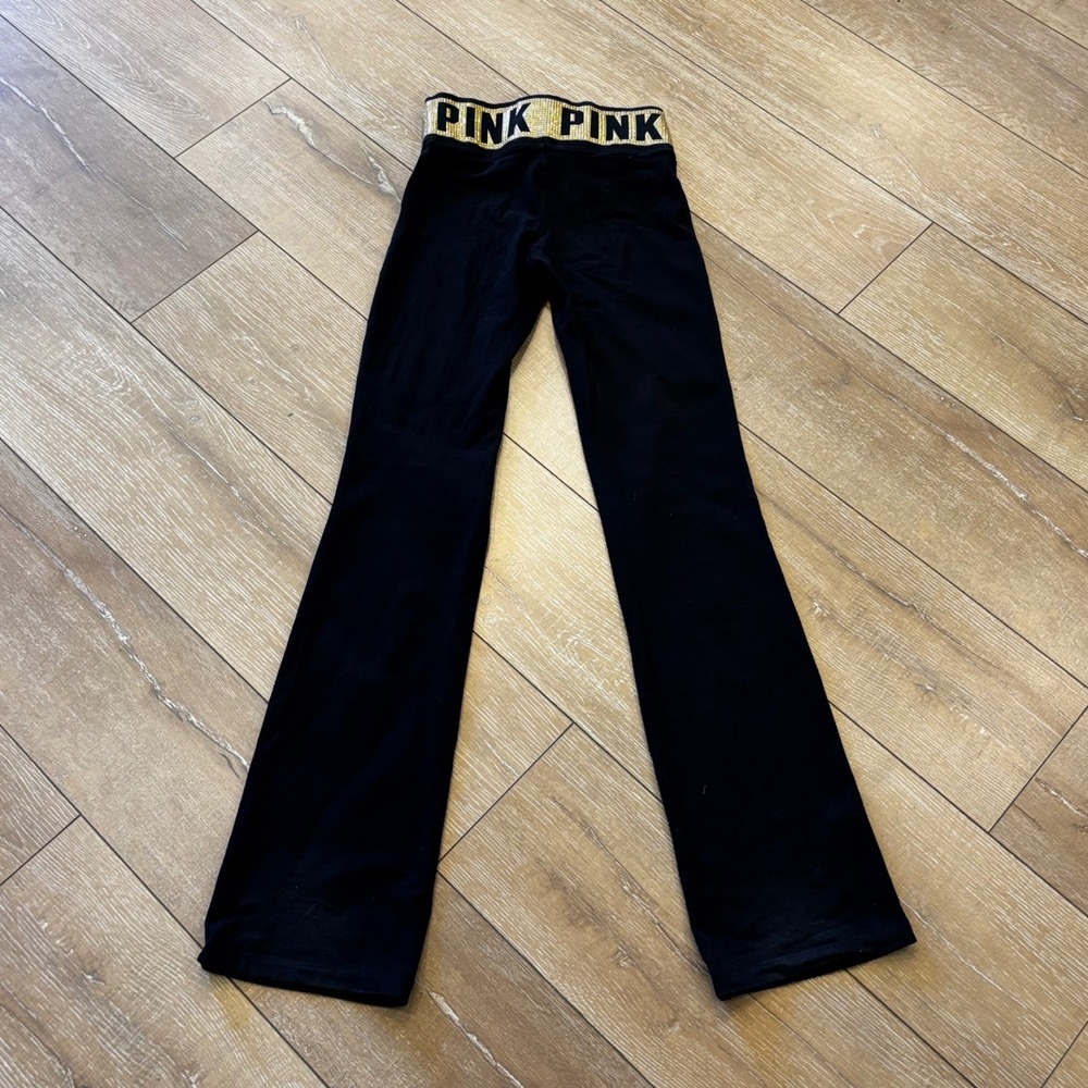 Victoria's Secret PINK Yoga Pants Black Gold Rhinestone Flare Leg XS  tall Y2K